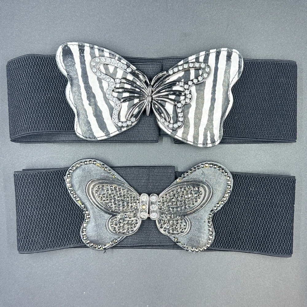 Butterfly Elastic Y2K Cinch Belts Set of 2 Womens OS Black Rhinestone